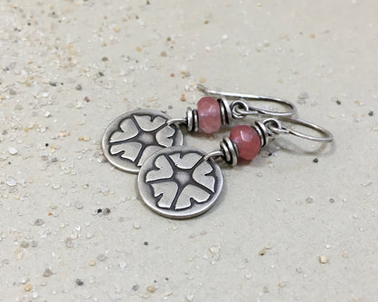 Pink petunia earrings in sterling silver with cherry quartz