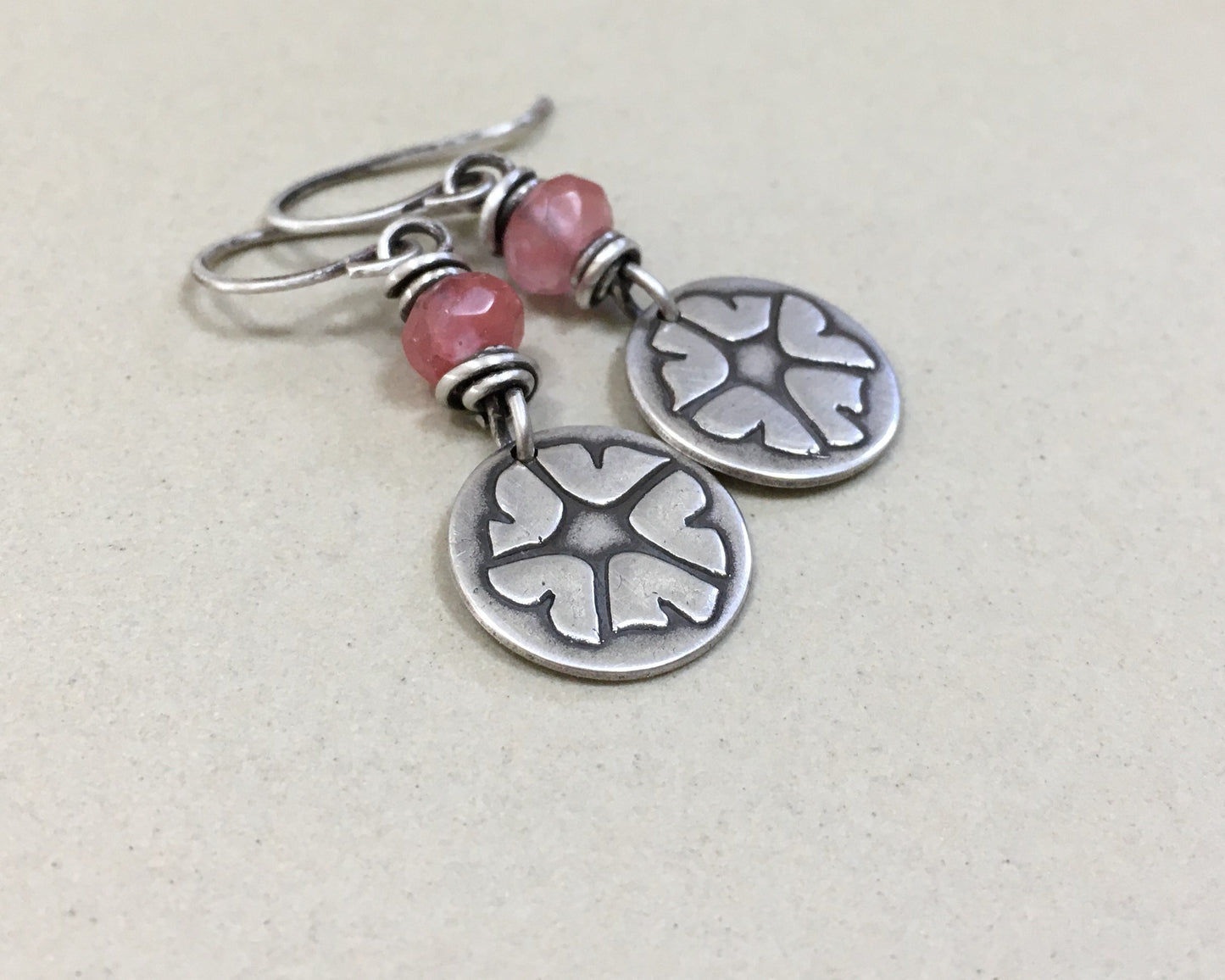 Pink petunia earrings in sterling silver with cherry quartz