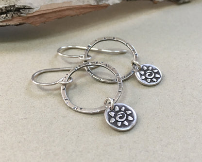 Small hoops with primitive sun dangles in oxidized sterling silver