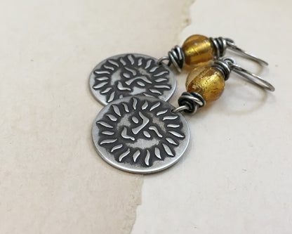 Happy sun face in oxidized sterling silver with gold foil bead