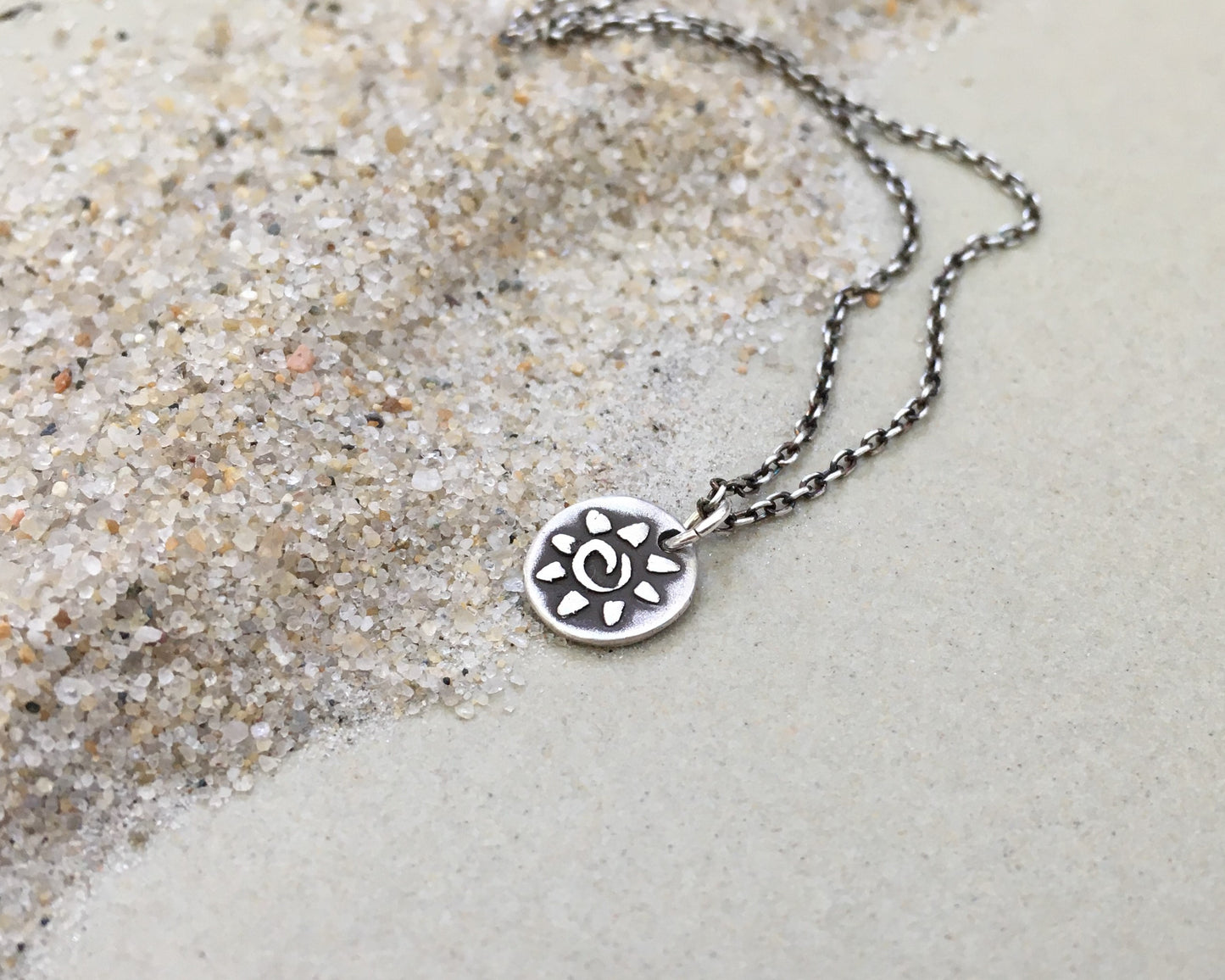 Tiny tribal style sun necklace in oxidized sterling silver