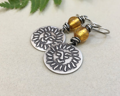 Happy sun face in oxidized sterling silver with gold foil bead