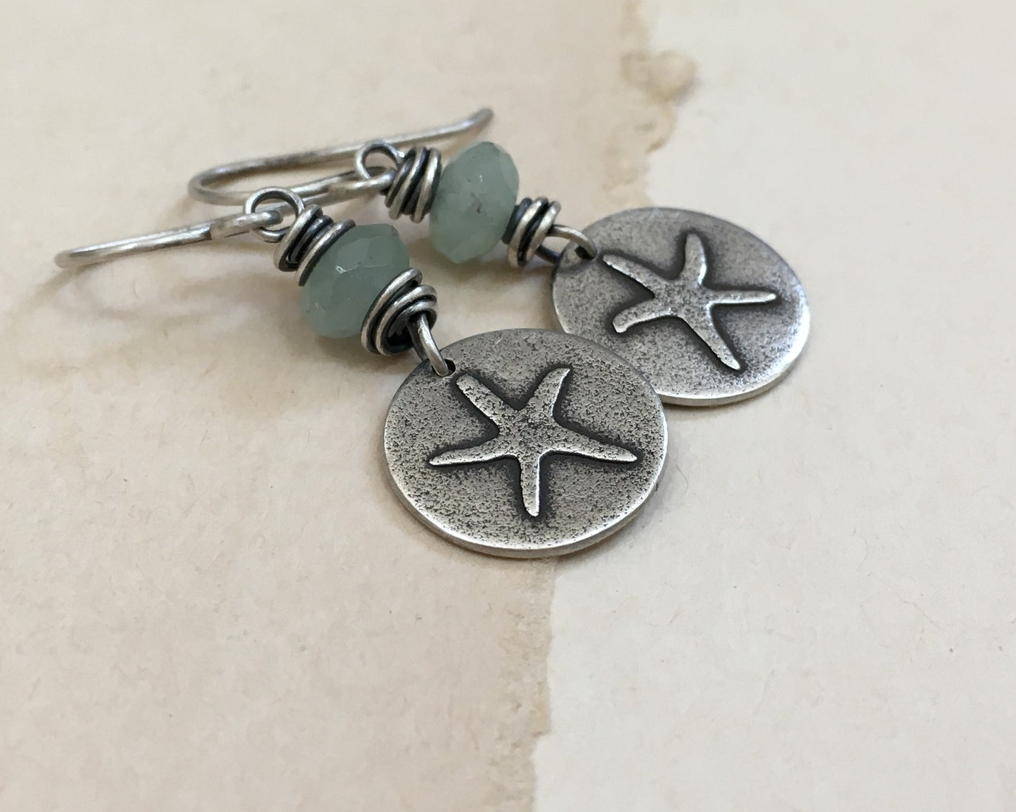 Beachy starfish earrings with seafoam green aventurine