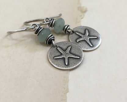 Beachy starfish earrings with seafoam green aventurine