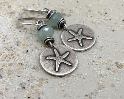Beachy starfish earrings with seafoam green aventurine