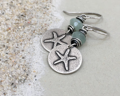 Beachy starfish earrings with seafoam green aventurine