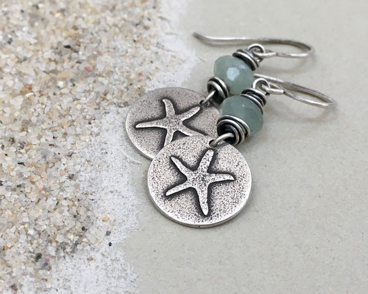 Beachy starfish earrings with seafoam green aventurine