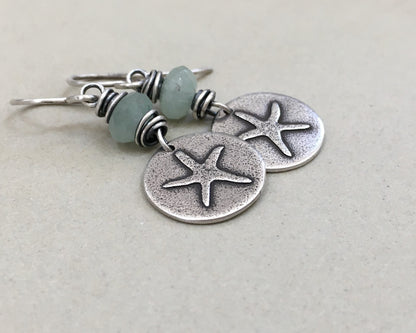 Beachy starfish earrings with seafoam green aventurine