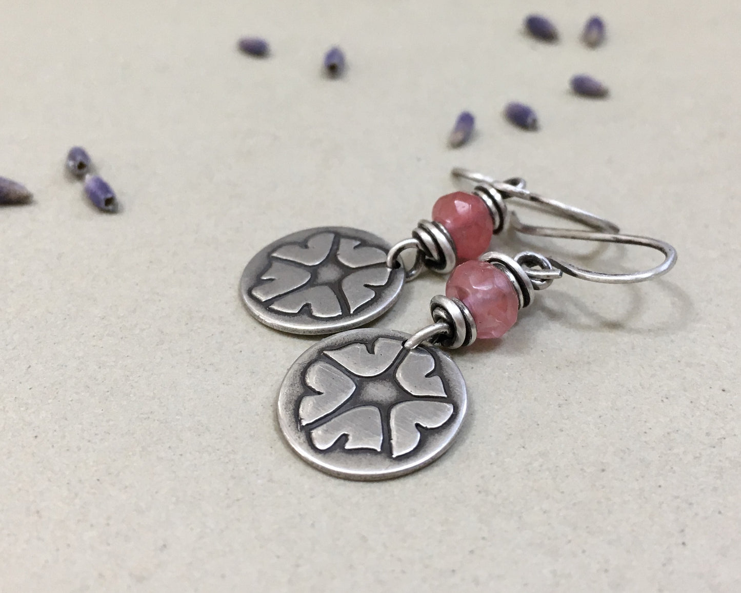 Pink petunia earrings in sterling silver with cherry quartz