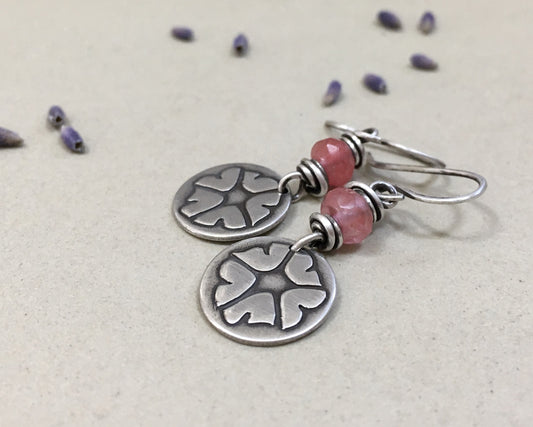 Pink petunia earrings in sterling silver with cherry quartz