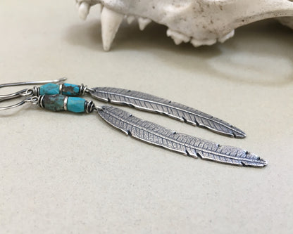 Rustic boho silver feather earrings with turquoise