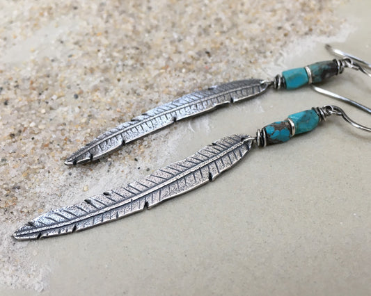 Rustic boho silver feather earrings with turquoise