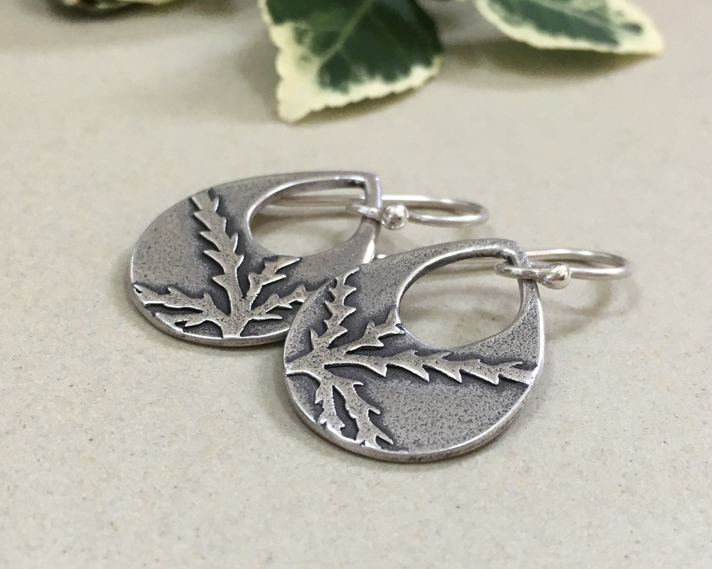 Botanical evergreen design on silver teardrop earrings