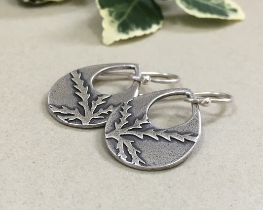 Botanical evergreen design on silver teardrop earrings