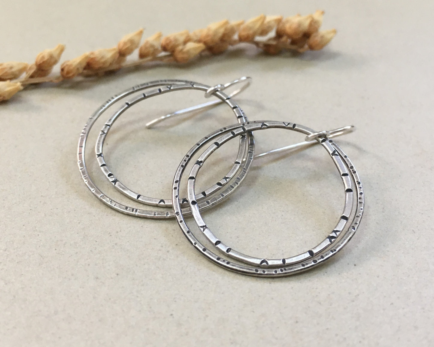 Double Irregular textured hoops in oxidized sterling silver