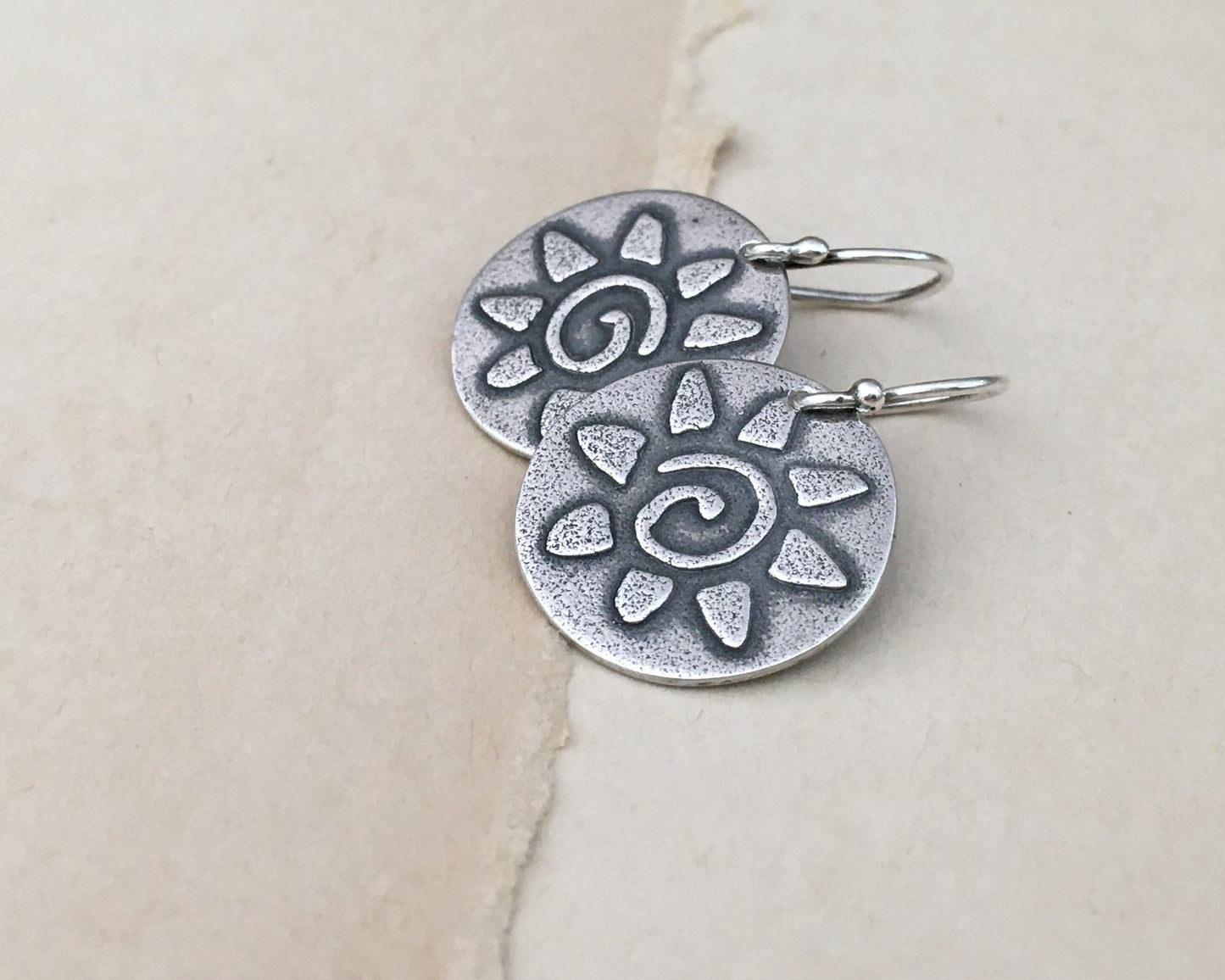Primitive sun earrings in oxidized sterling silver