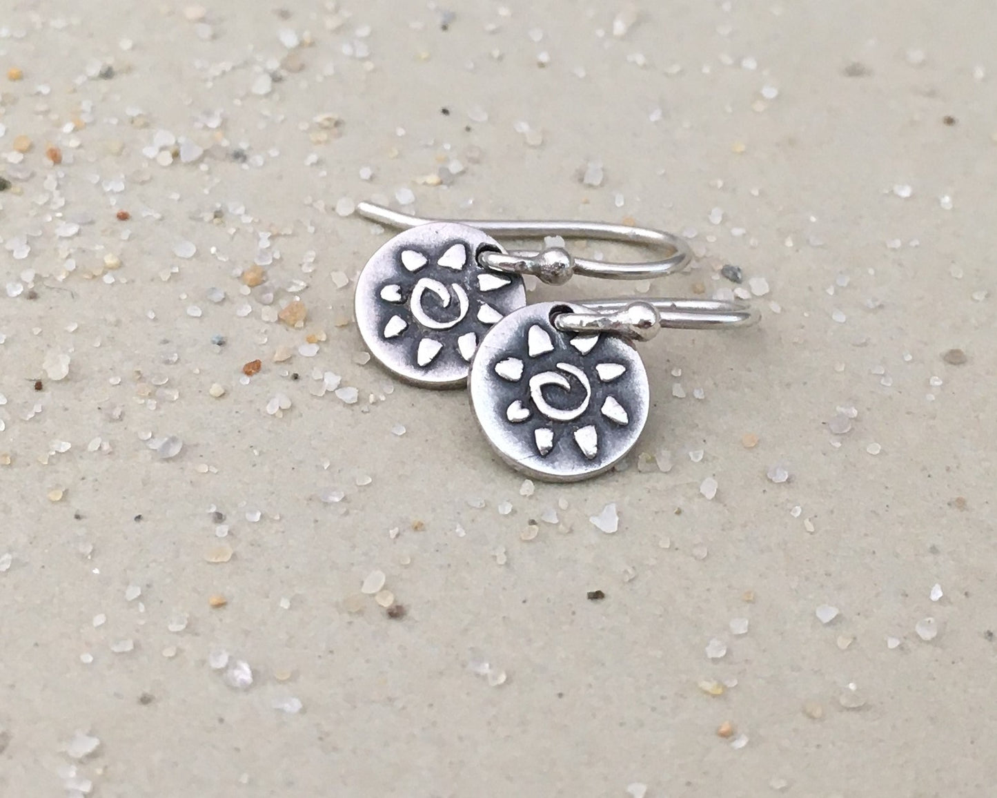 Tiny primitive sun earrings in oxidized sterling silver