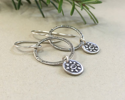 Small hoops with primitive sun dangles in oxidized sterling silver