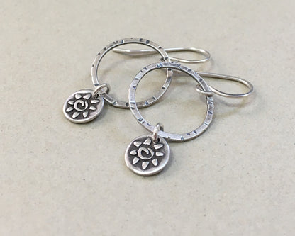 Small hoops with primitive sun dangles in oxidized sterling silver