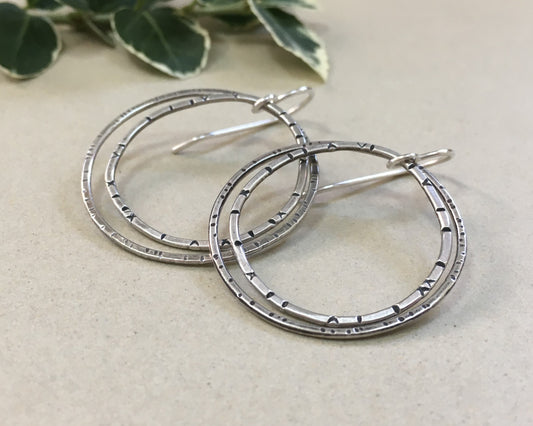 Double Irregular textured hoops in oxidized sterling silver