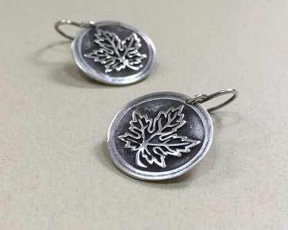 Maple leaf earrings in oxidized sterling silver - cast from vintage button