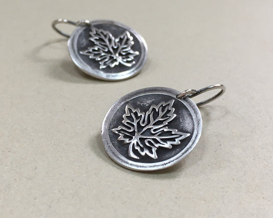 Maple leaf earrings in oxidized sterling silver - cast from vintage button