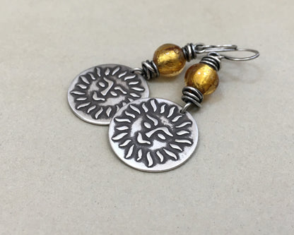 Happy sun face in oxidized sterling silver with gold foil bead