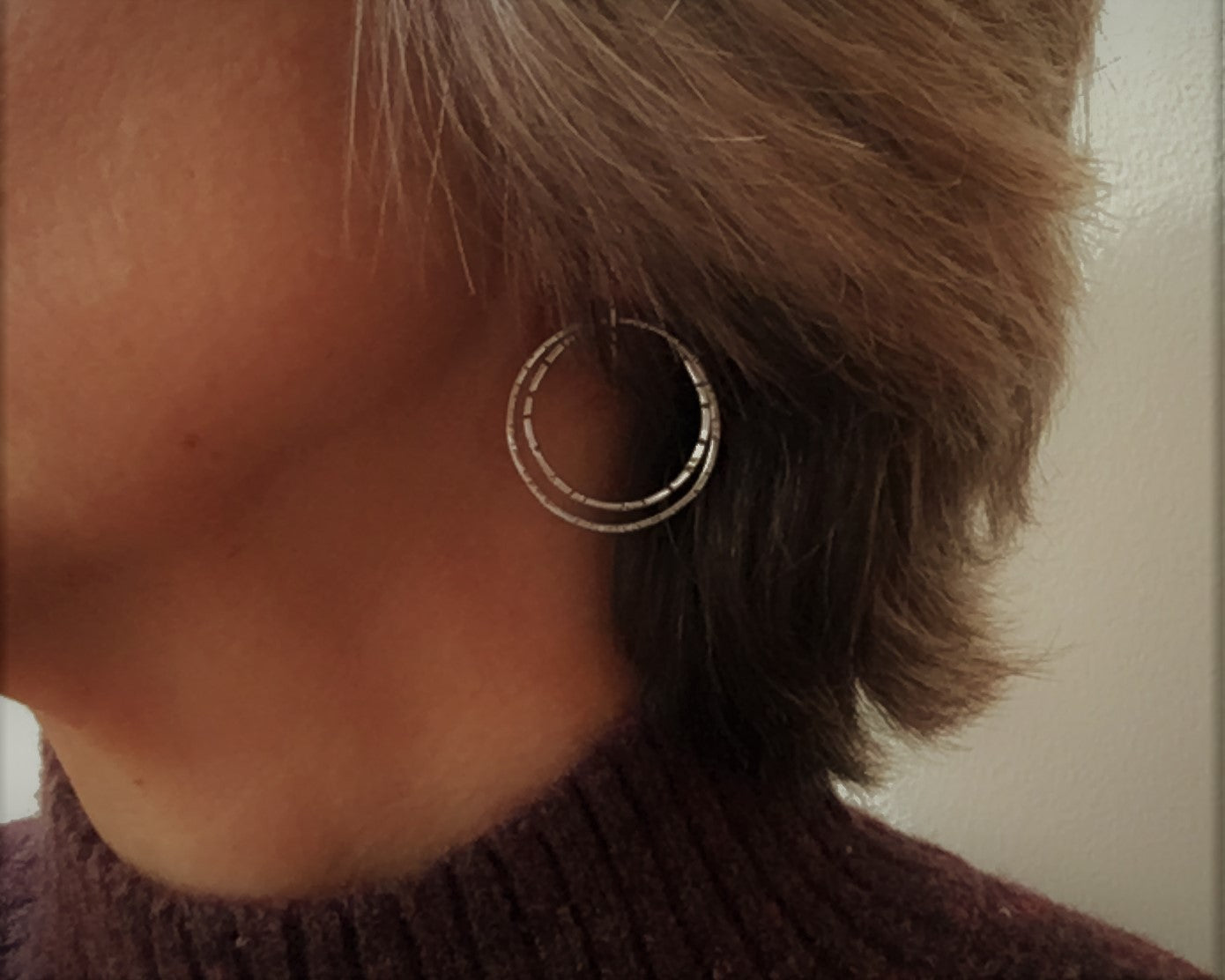 Double Irregular textured hoops in oxidized sterling silver