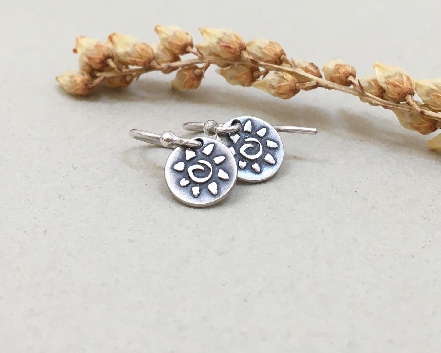 Tiny primitive sun earrings in oxidized sterling silver