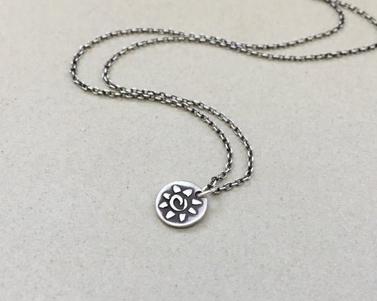 Tiny tribal style sun necklace in oxidized sterling silver