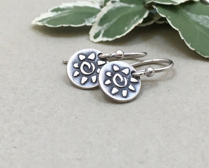 Tiny primitive sun earrings in oxidized sterling silver