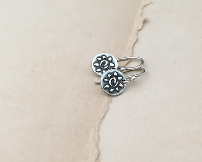 Tiny primitive sun earrings in oxidized sterling silver