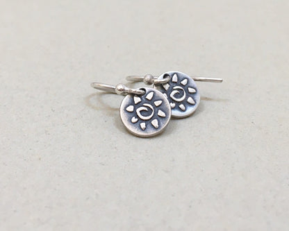 Tiny primitive sun earrings in oxidized sterling silver