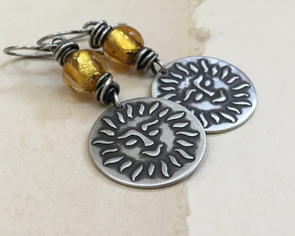Happy sun face in oxidized sterling silver with gold foil bead