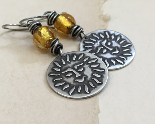 Happy sun face in oxidized sterling silver with gold foil bead