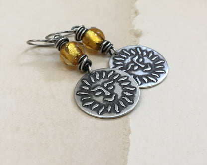 Happy sun face in oxidized sterling silver with gold foil bead