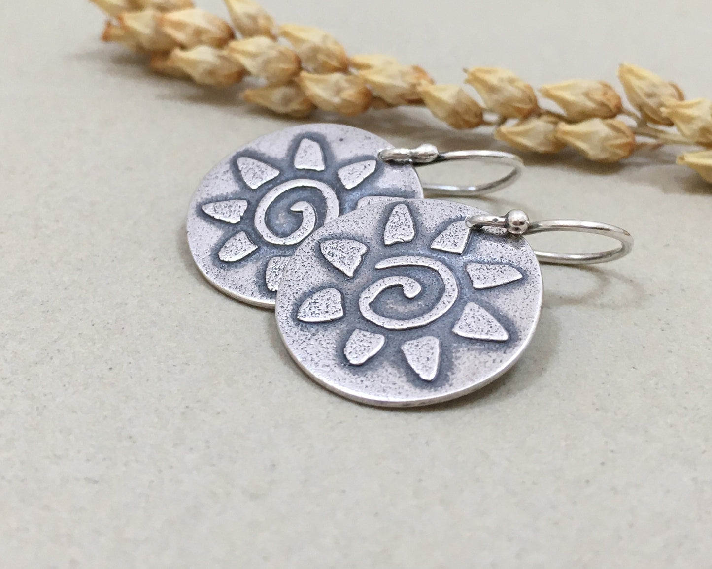Primitive sun earrings in oxidized sterling silver